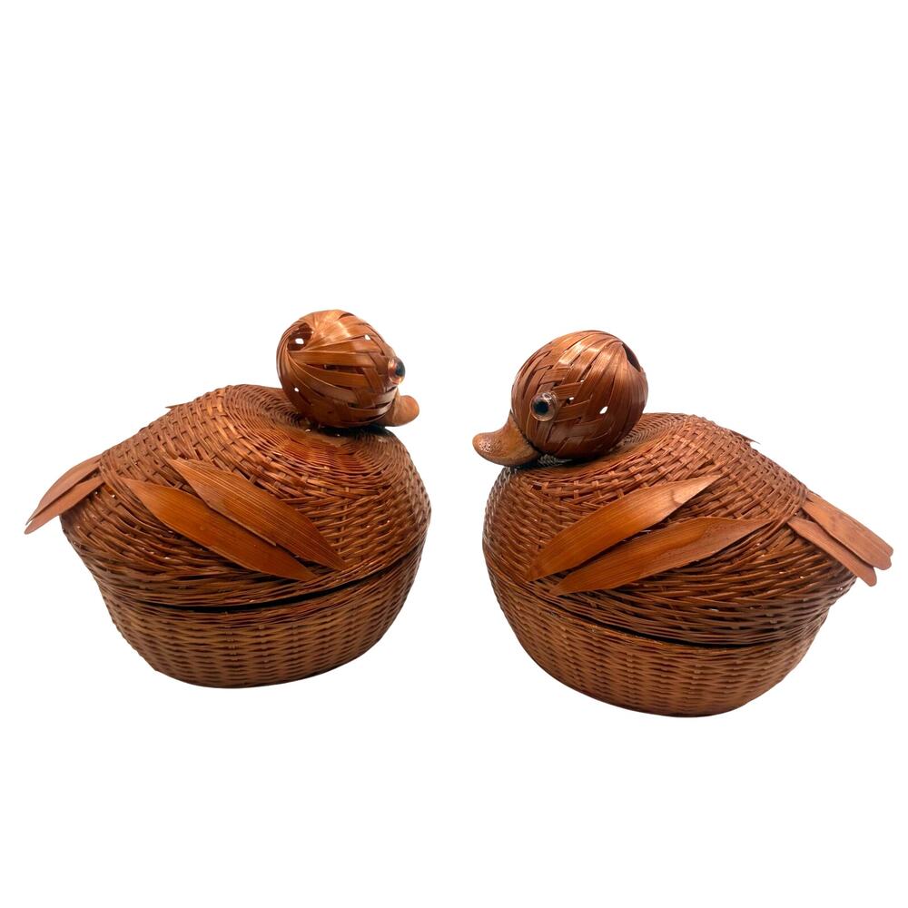 Bamboo Duck Basket Set of 2 Chekiang Chenghsien Woven Mid Century Boho Quirky